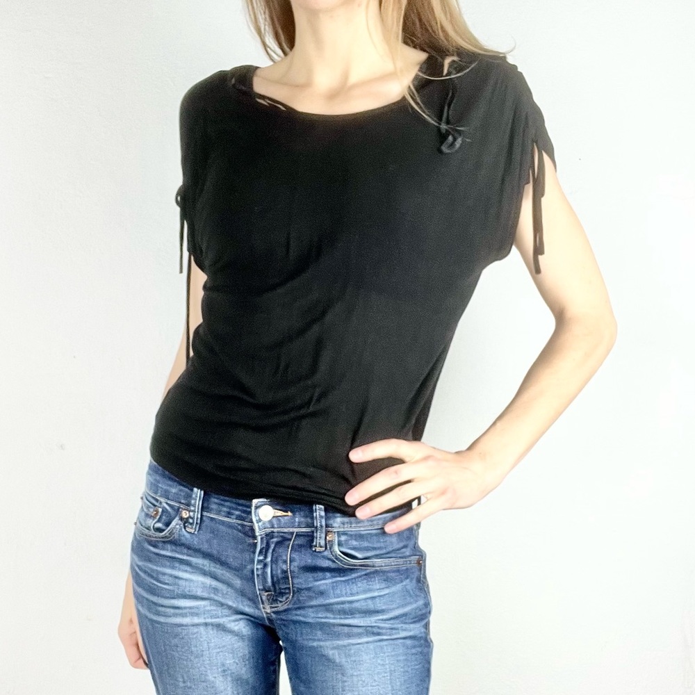 OBOE | 🖤 Black Super Thin Knit Lightweight Tied Short Sleeves Shirt Top